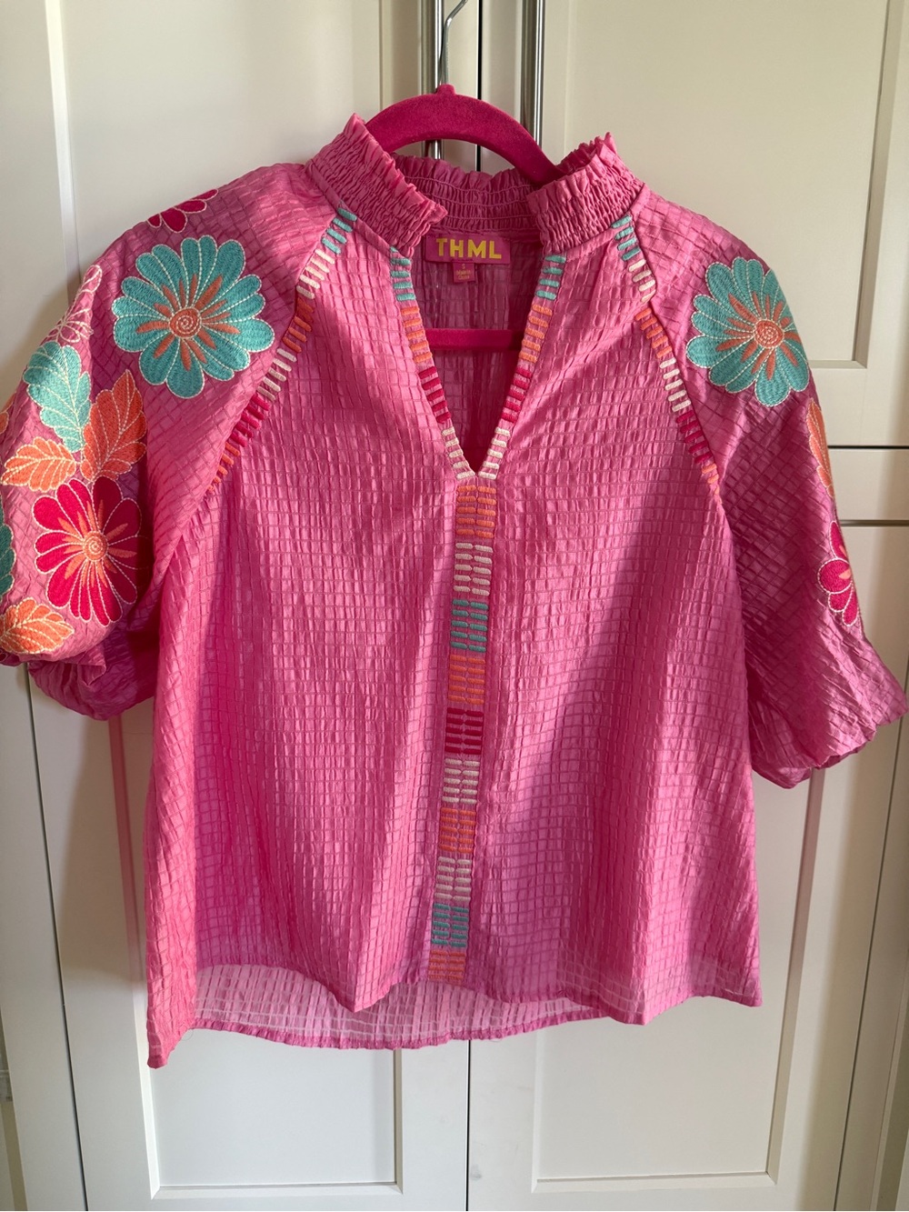THML Pink Embroidered Floral Puff-Sleeve Blouse